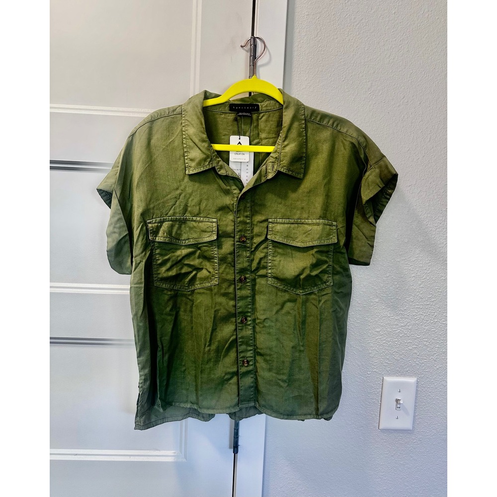 Sanctuary So Cal Button Down Shirt Olive Green Utility Short Sleeve NWT Size L - Picture 4 of 8